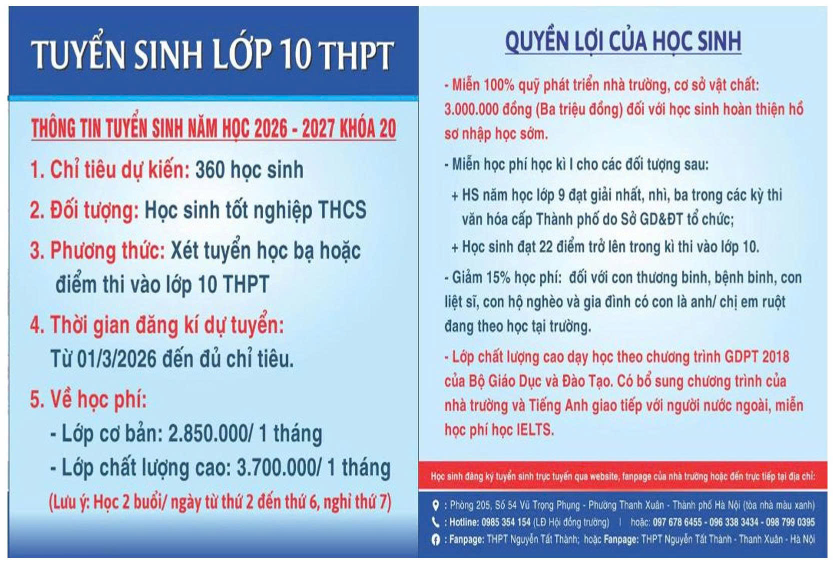 THÔNG TIN TUYỂN SINH NĂM HỌC 2026 - 2027